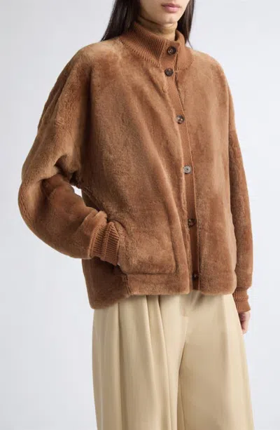 Lafayette 148 New York Reversible Genuine Shearling Bomber Jacket In Brown