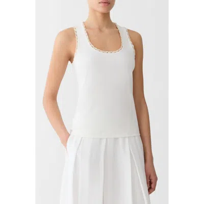 Lafayette 148 New York Rib Crochet Trim Stretch Cotton Tank In White