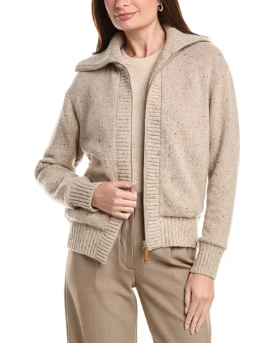 Lafayette 148 New York Rib Split Collar Zip Front Cashmere & Wool-blend  Cardigan In Neutral