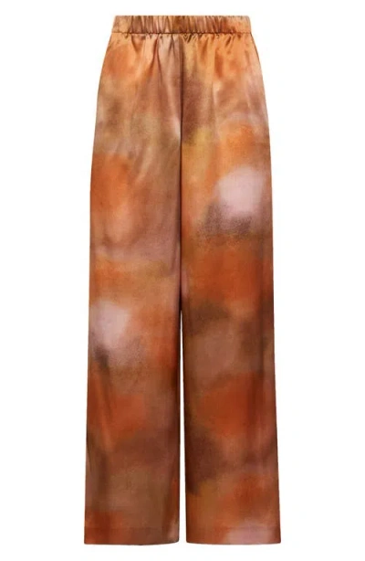Lafayette 148 Pastel Print Silk Satin Riverside Pant In Red Ochre Multi
