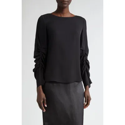 Lafayette 148 New York Ruched Sleeve Silk Crepe Top In Black