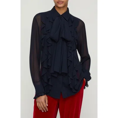 Lafayette 148 New York Ruffle Tie Neck Silk Georgette Shirt In Blue