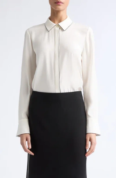 Lafayette 148 New York Scottie Contrast Piping Silk Button-up Shirt In White