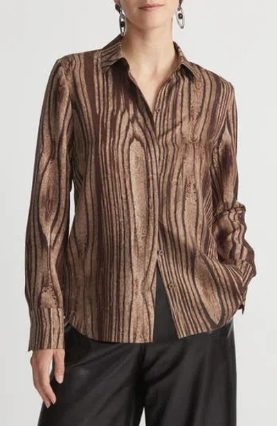 Lafayette 148 New York Scottie Wood Grooves Print Silk Twill Shirt In Brown