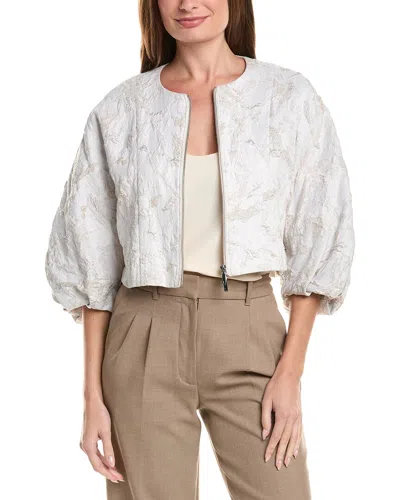 Lafayette 148 New York Short Balloon Sleeve Zip Front Silk-blend Jacket In White
