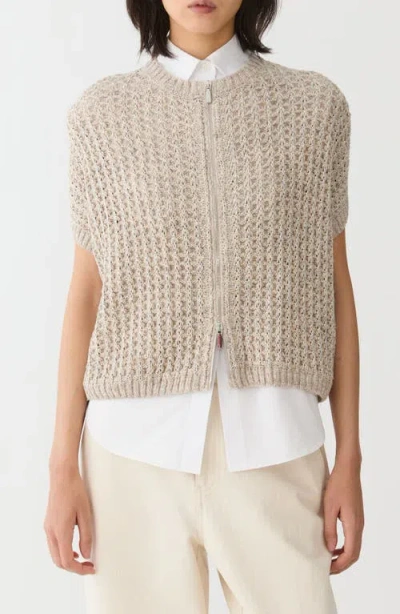 Lafayette 148 New York Short Sleeve Metallic Linen Blend Pointelle Cardigan In Neutral