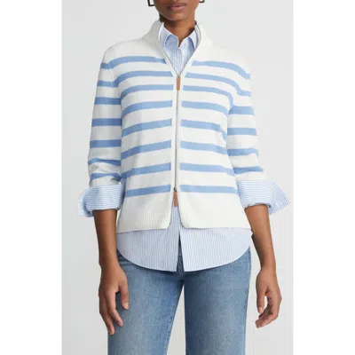 Lafayette 148 Striped Zip-front Cotton-silk Cardigan In Deep Blue Oasis Multi