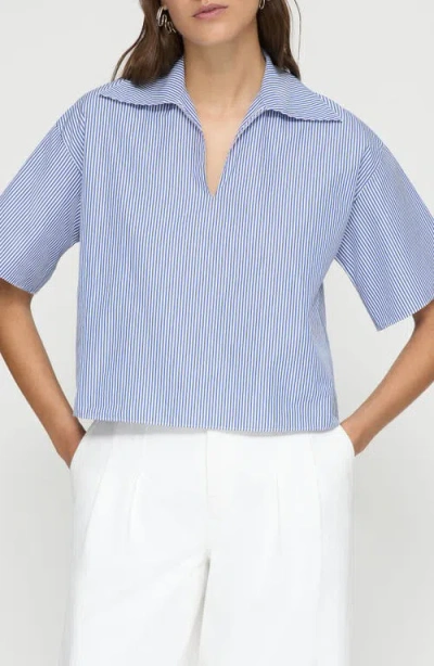 Lafayette 148 New York Stripe Cotton Popover Top In Ultramarine Multi