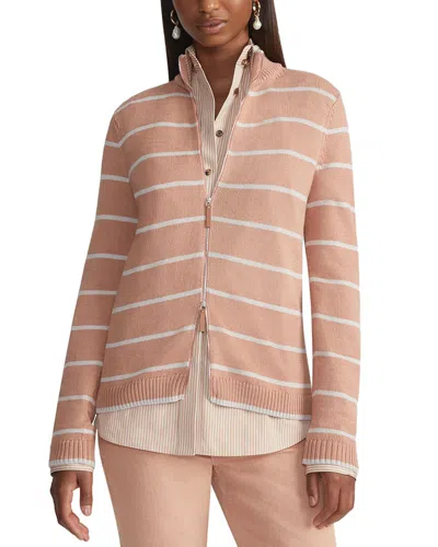 Lafayette 148 New York Stripe Fitted Silk-blend Bomber Cardigan In Blush Peach Multi