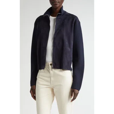 Lafayette 148 New York Suede & Wool Knit Cardigan Bomber Jacket In Ink