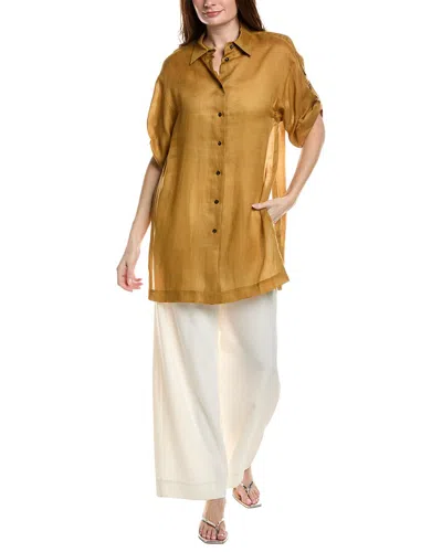 Lafayette 148 New York Tab Sleeve Side Slit Shirt In Brown