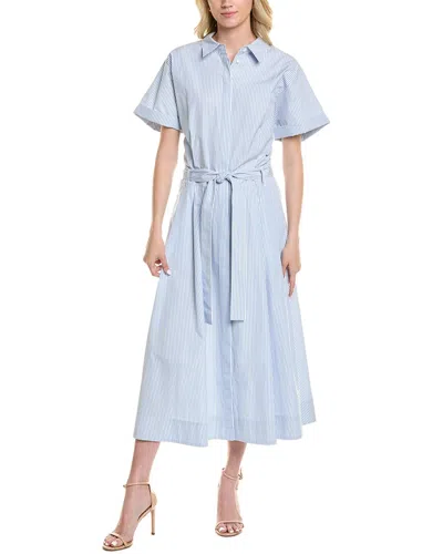 Lafayette 148 Plus Belted Flounced Sleeve Silk-blend Dress In Blue