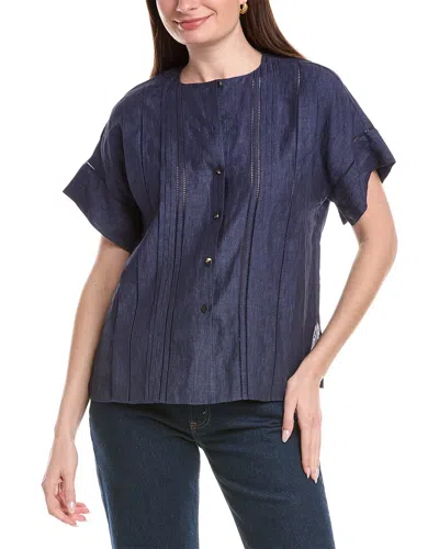 Lafayette 148 New York Vented Sleeve Linen Pintuck Blouse In Blue
