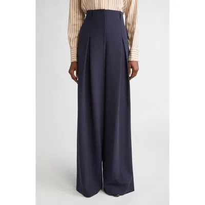 Lafayette 148 New York Warren Inverted Pleat Stretch Wool Wide Leg Pants In Blue