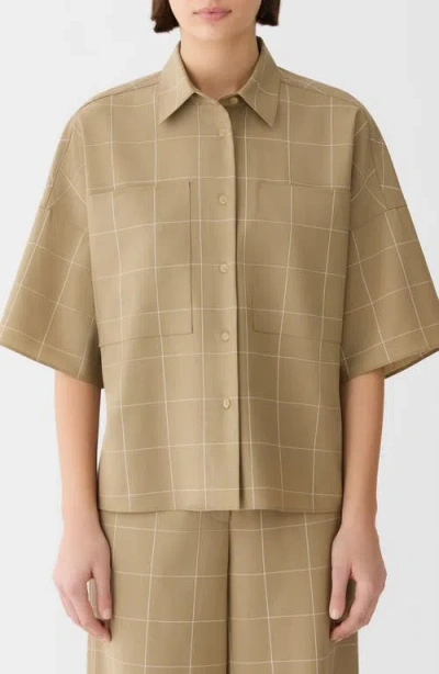 Lafayette 148 New York Workwear Garden Grid Tropical Merino Wool Blend Short Sleeve Button-up Shirt In Brown