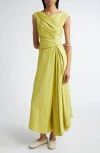 Lafayette 148 Silk Linen Drape Front Asymmetric Dress In Chartreuse