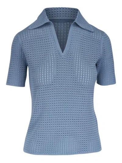 Lafayette 148 Open-knit Polo Top In Blue