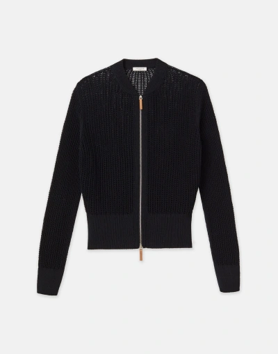 Lafayette 148 Organic Cotton Open Knit Zip Cardigan In Black