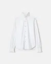 Lafayette 148 Organic Cotton Poplin Crystal Button Ruffle Shirt In White