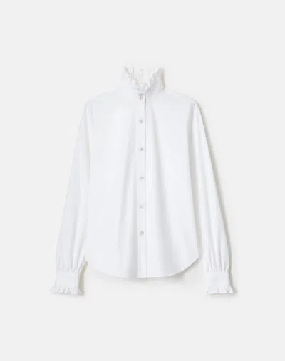 Lafayette 148 Organic Cotton Poplin Crystal Button Ruffle Shirt In White
