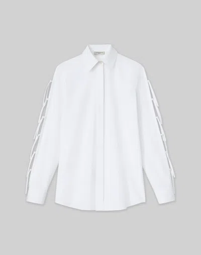 Lafayette 148 Organic Cotton Poplin Fringe Tie Shirt In White