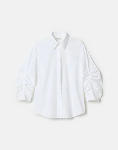 Lafayette 148 Organic Cotton Poplin Ruched Sleeve Shirt In White
