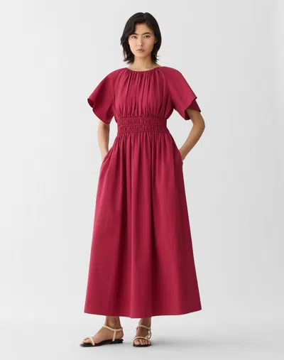 Lafayette 148 Organic Cotton Poplin Shirred Waist Midi Dress In Red