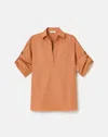 Lafayette 148 Organic Cotton Poplin Tab Sleeve Popover Shirt In Red Ochre