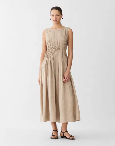 Lafayette 148 Organic Linen Hand Pintucked Sleeveless Midi Dress In Neutral