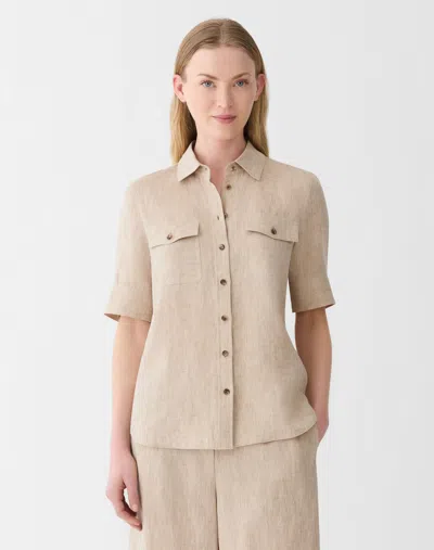 Lafayette 148 Organic Linen Patch Pocket Short Sleeve Shirt In Neutral