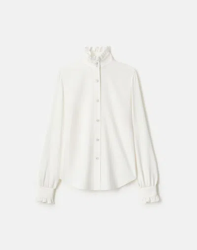 Lafayette 148 Organic Silk Georgette Crystal Button Ruffle Blouse In White