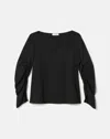 Lafayette 148 Organic Silk Georgette Split Ruched Sleeve Blouse In Black