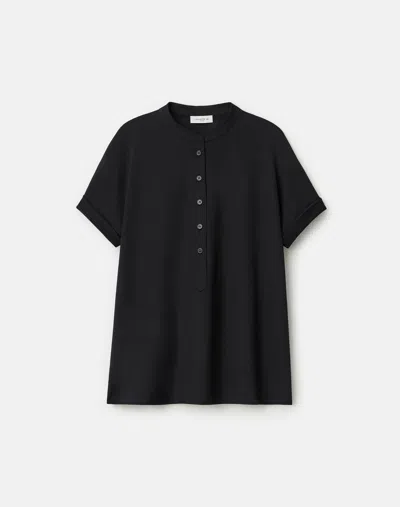 Lafayette 148 Plus Size Organic Silk Short Sleeve Henley Blouse In Black