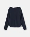Lafayette 148 Organic Silk Stretch Georgette Pleated Shoulder Blouse In Blue