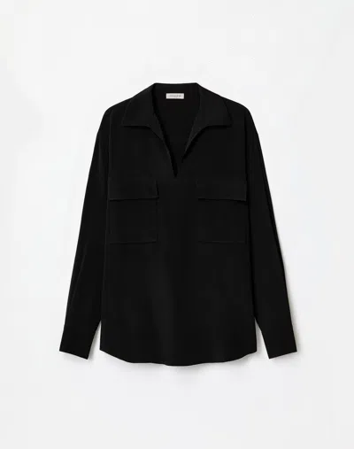 Lafayette 148 Organic Silk Stretch Georgette Pocket Popover Blouse In Black