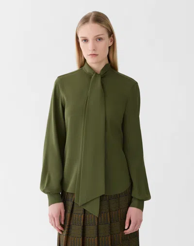 Lafayette 148 Organic Silk Stretch Georgette Tie Neck Blouse In Forest