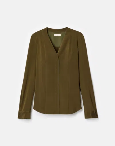 Lafayette 148 Organic Silk Stretch Georgette V Neck Blouse In Green