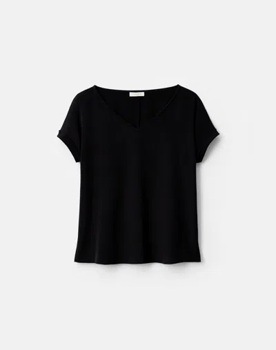 Lafayette 148 Organic Stretch Silk V Neck Short Sleeve Blouse In Black