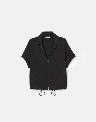 Lafayette 148 Organic Stretch Silk Zip Front Short Sleeve Blouse In Black