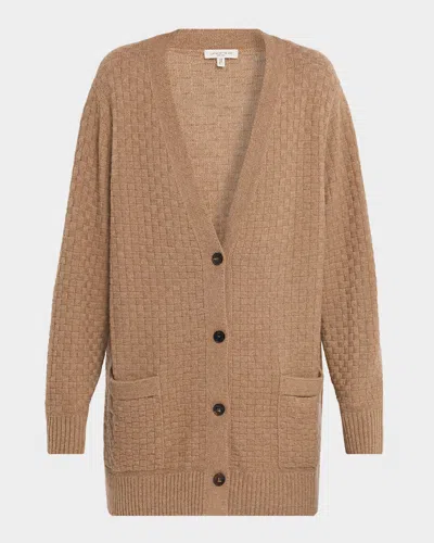 Lafayette 148 Basket Stitch Cashmere V Neck Cardigan Sweater In Brown