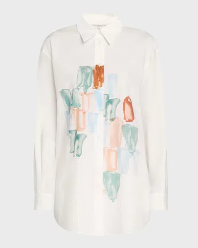 Lafayette 148 Oversized Paint Stroke-print Boyfriend Shirt In White Multi