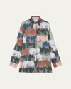 Lafayette 148 Painter's Palette Print Silk Charmeuse Oversized Shirt-concrete Multi-xl In Concrete Multi