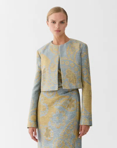 Lafayette 148 Paisley Jacquard Collarless Cropped Jacket In Blue