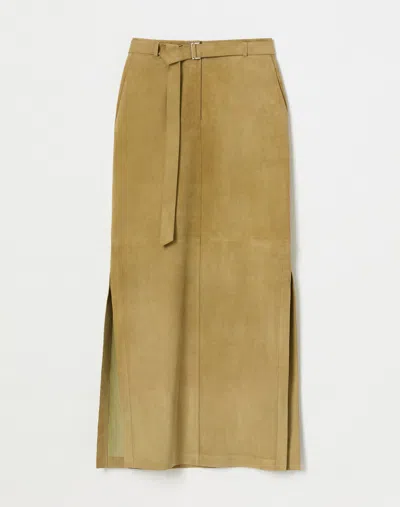 Lafayette 148 Paperfine Suede Side Slit Maxi Skirt In Loden Green
