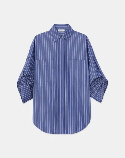 Lafayette 148 Pencil Stripe Tab Sleeve Shirt In Blue