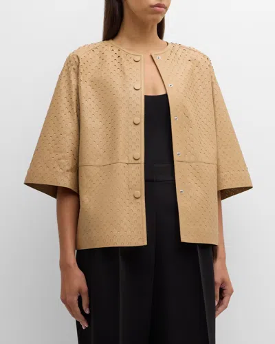 Lafayette 148 Perforated Nappa Leather Jacket In Gravel