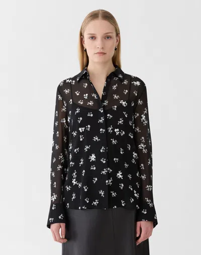 Lafayette 148 Petite Ditsy Floral Print Silk Sequin Blouse In Black Multi