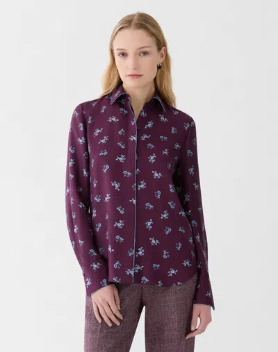 Lafayette 148 Petite Ditsy Floral Print Silk Twill Button Blouse In Purple