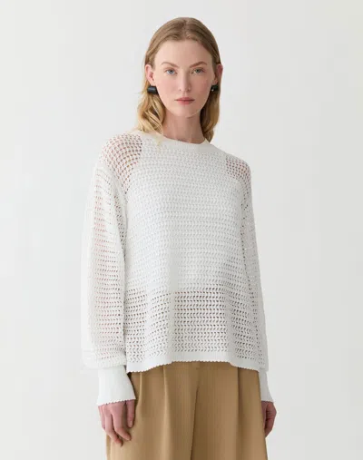 Lafayette 148 Petite Fine Cotton Open Knit Long Sleeve Sweater In White