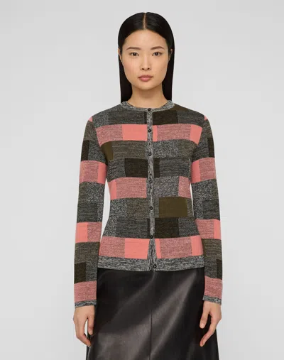 Lafayette 148 Petite Fine Voile Cashmere Check Jacquard Cardigan In Gray